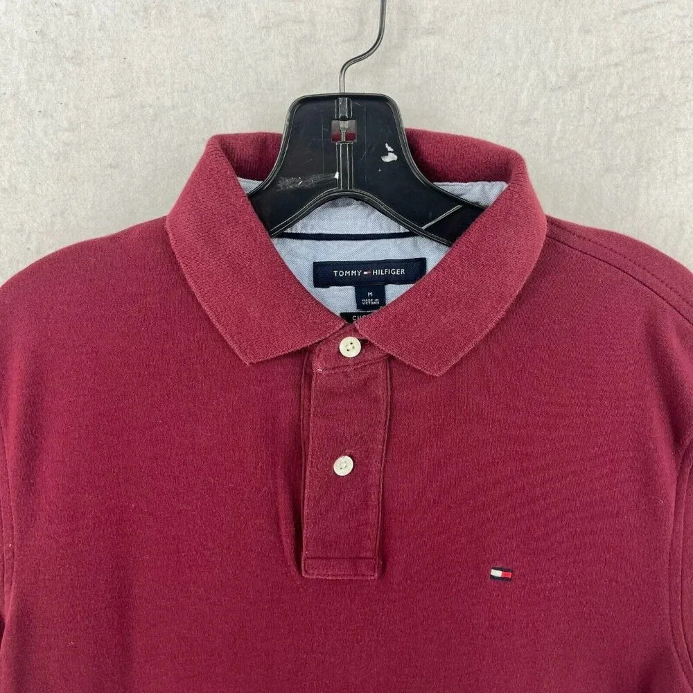 Tommy Hilfiger Polo Shirt Men's Sz M Maroon Custom Fit 2-Button Embroidered Logo - Picture 6 of 10